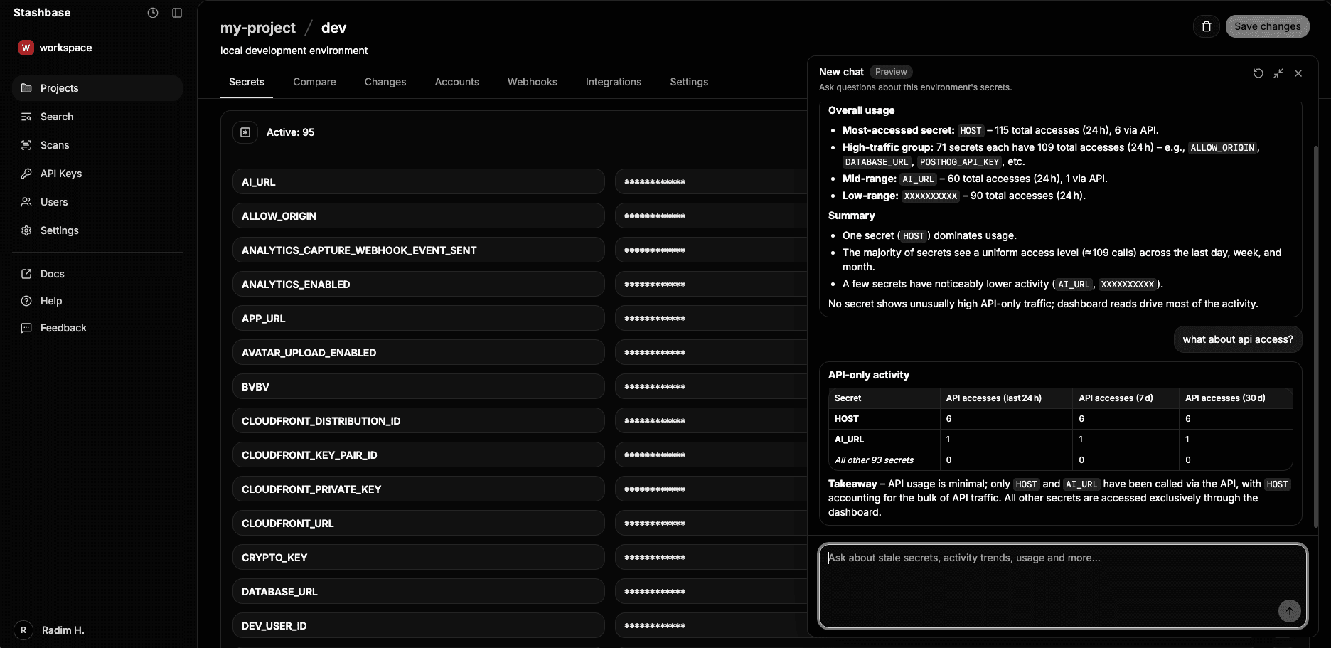 ASK AI button in the environment secrets view