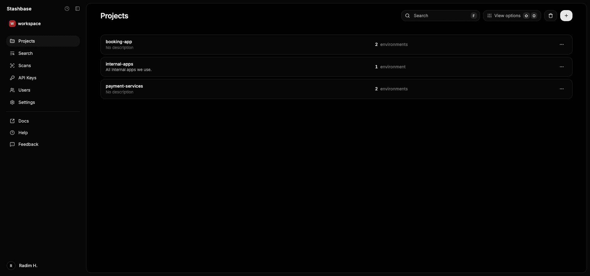 Dashboard view of projects