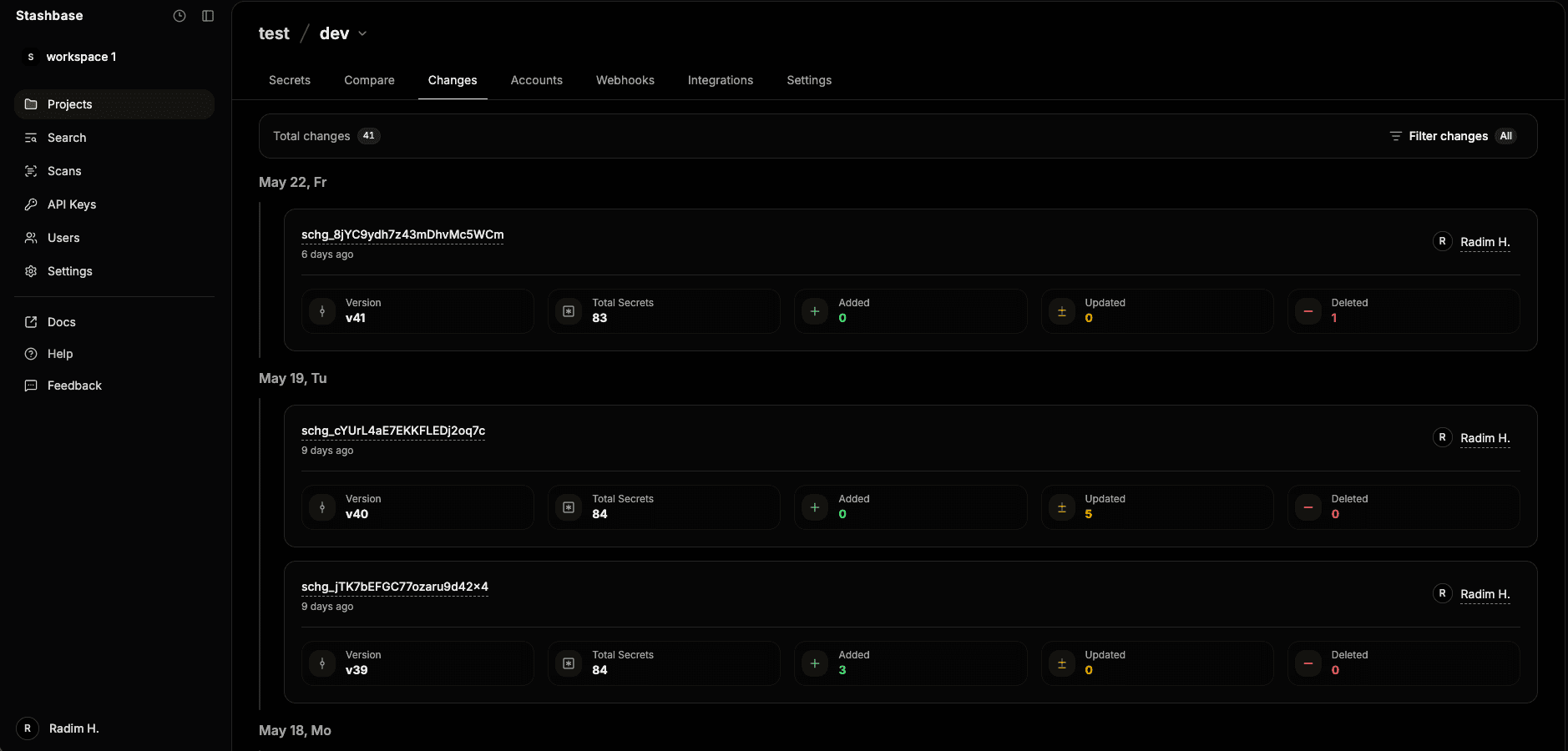 Dashboard view of secret changes