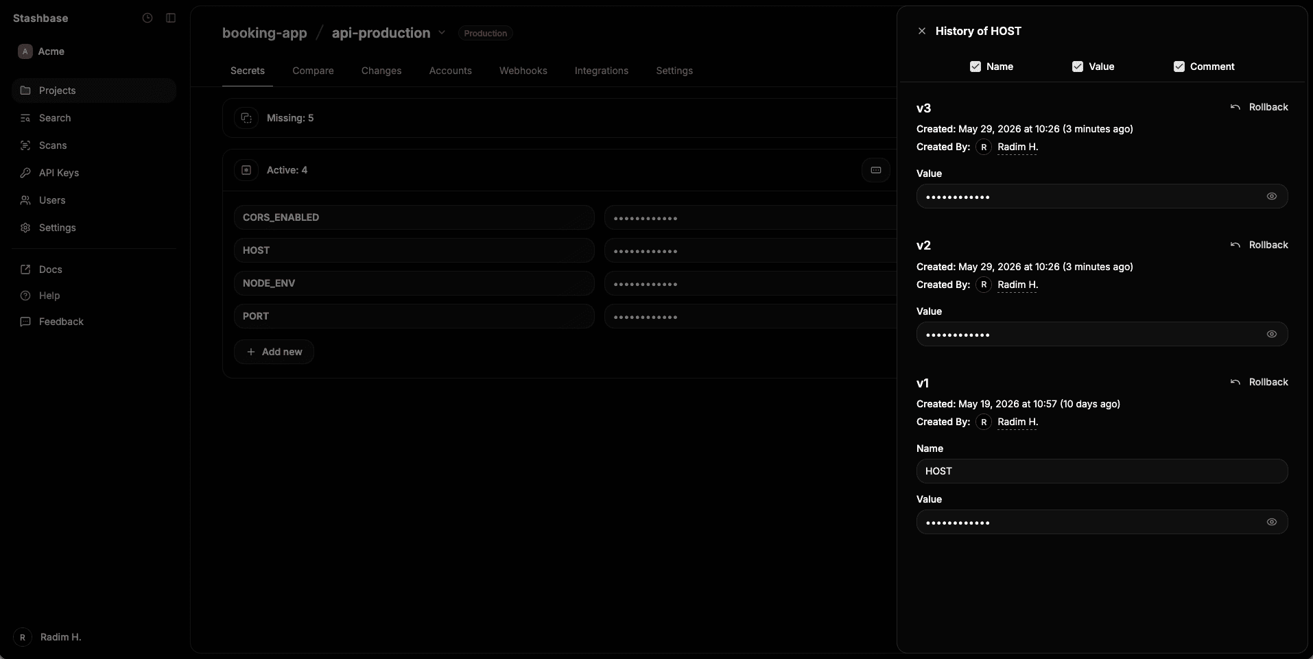 Dashboard view of single secret history