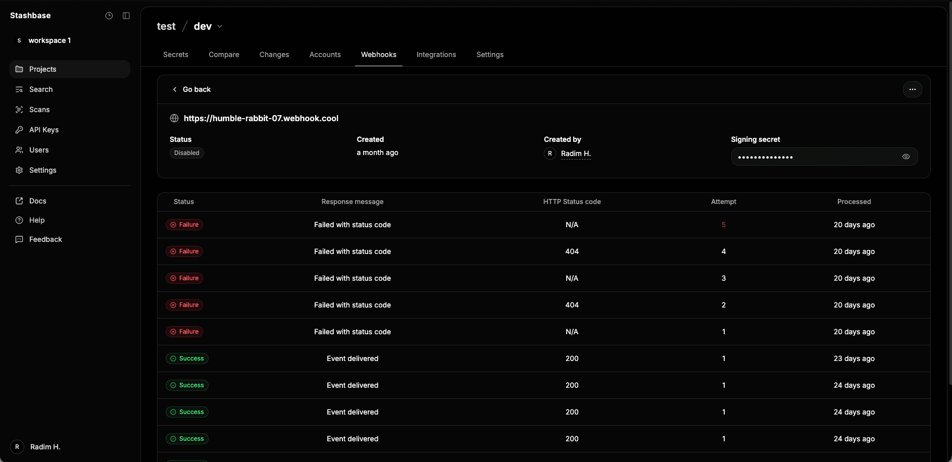 Dashboard view of webhook